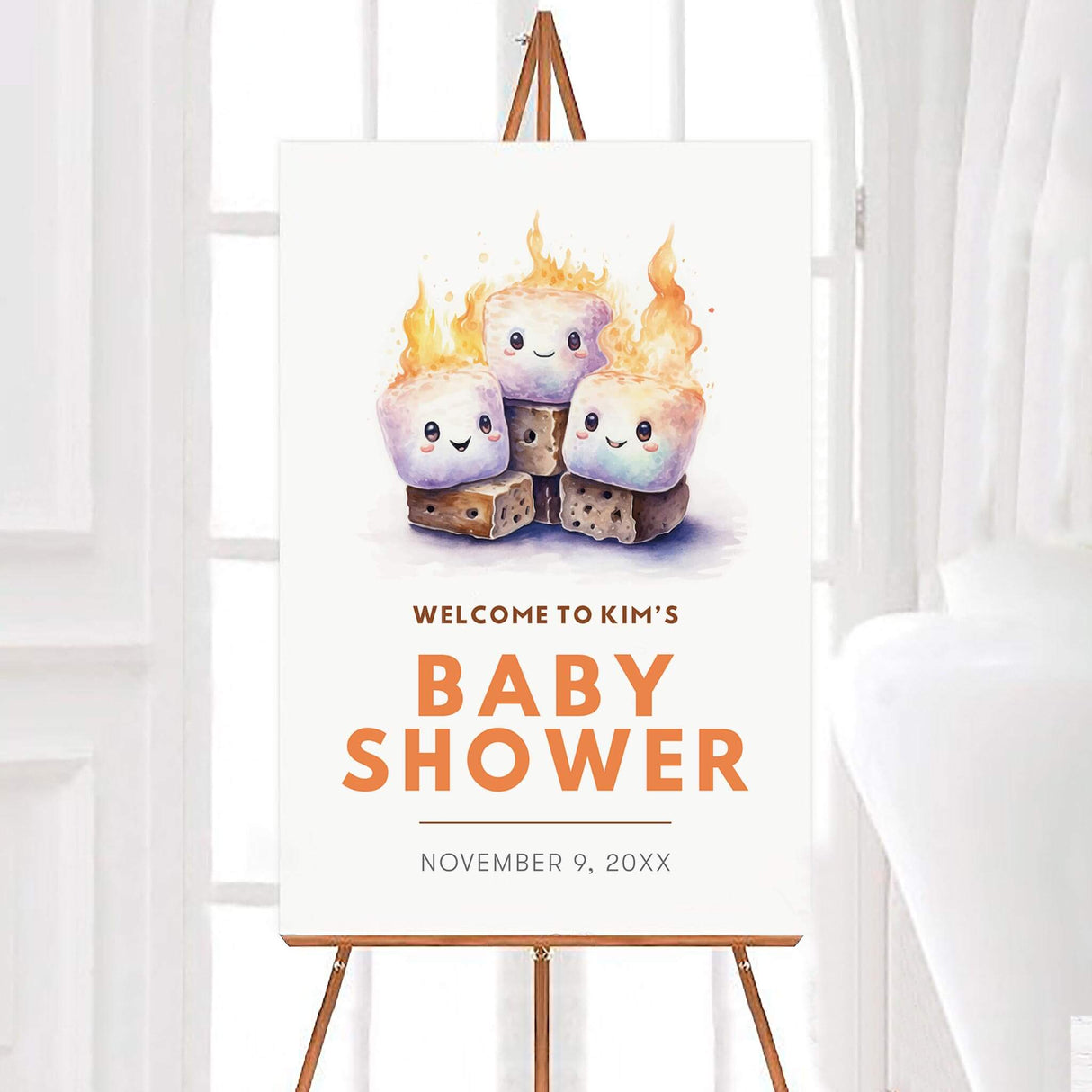 Watercolor s'more-themed baby shower invitation with smiling marshmallows, graham crackers, and chocolate, ideal for cozy celebrations.