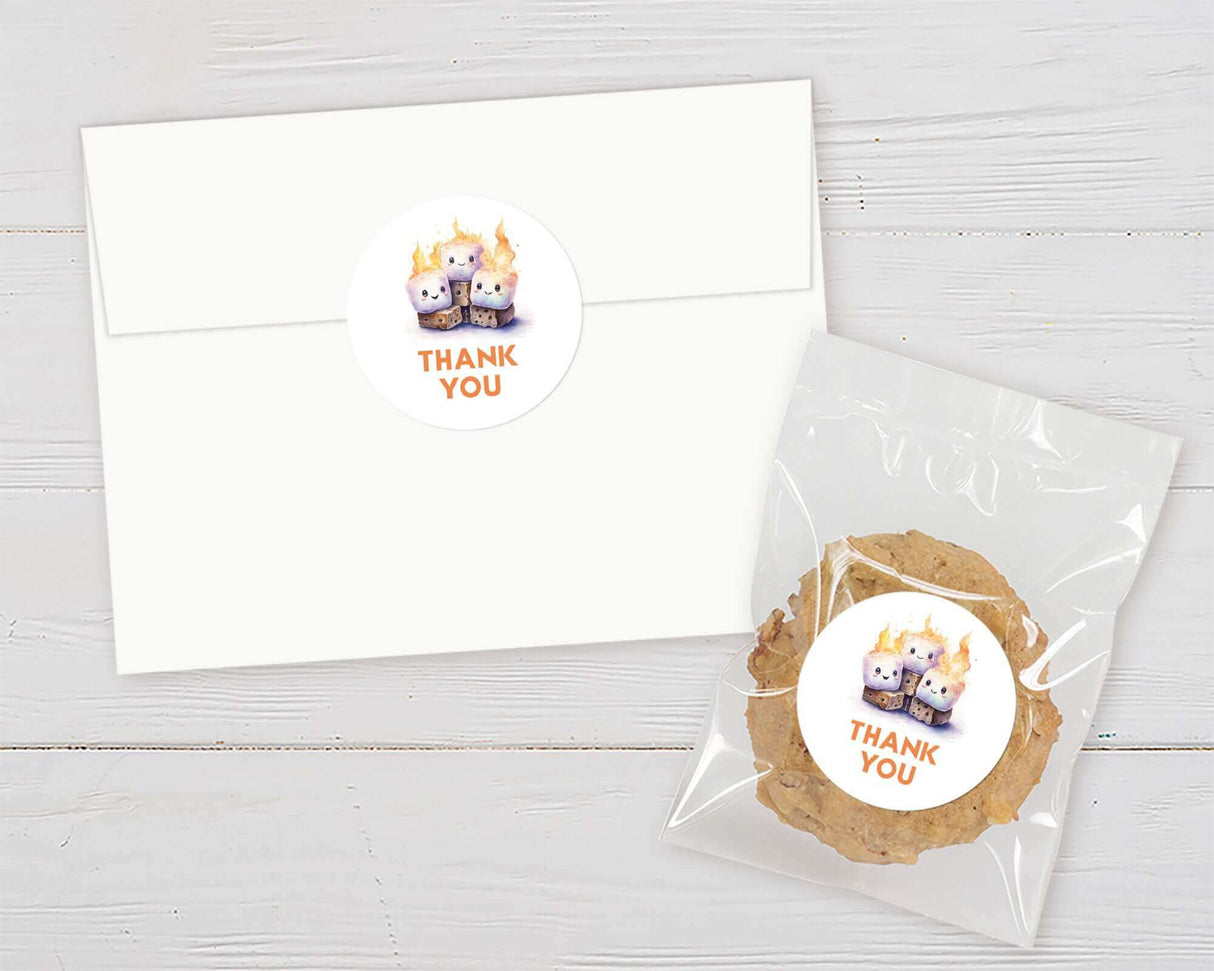 Thank you note and cookie favor with cute campfire design for baby shower