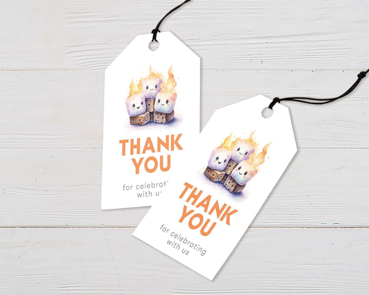 S'more to Love thank you tags with cute marshmallows and flames, perfect for baby shower favors with campfire theme.