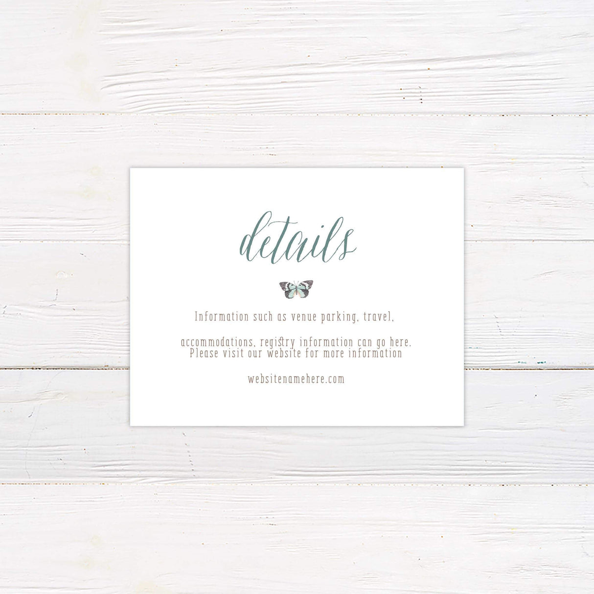 Wedding details card with coordinating sage green soft fall butterfly motif.