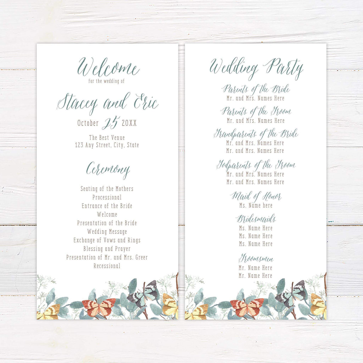 Wedding program with elegant script fonts and watercolor greenery with butterflies for a cohesive theme.