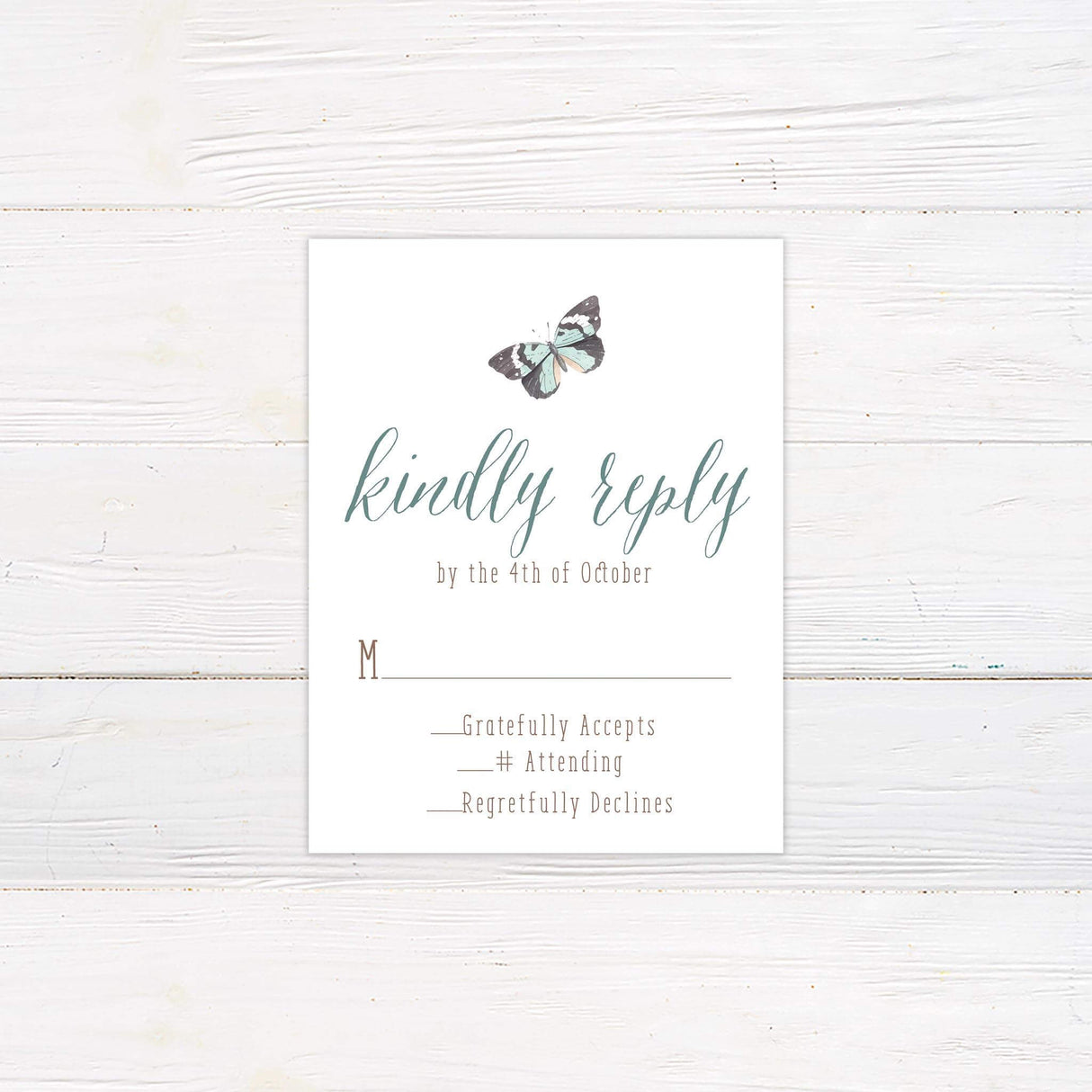 RSVP card with watercolor butterfly illustration to match rustic wedding suite.