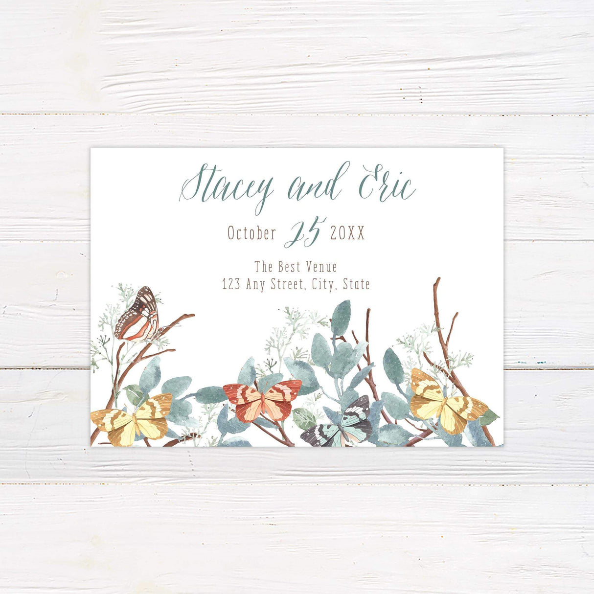 Save the Date card with watercolor butterflies and greenery, perfect for rustic or garden-themed weddings.