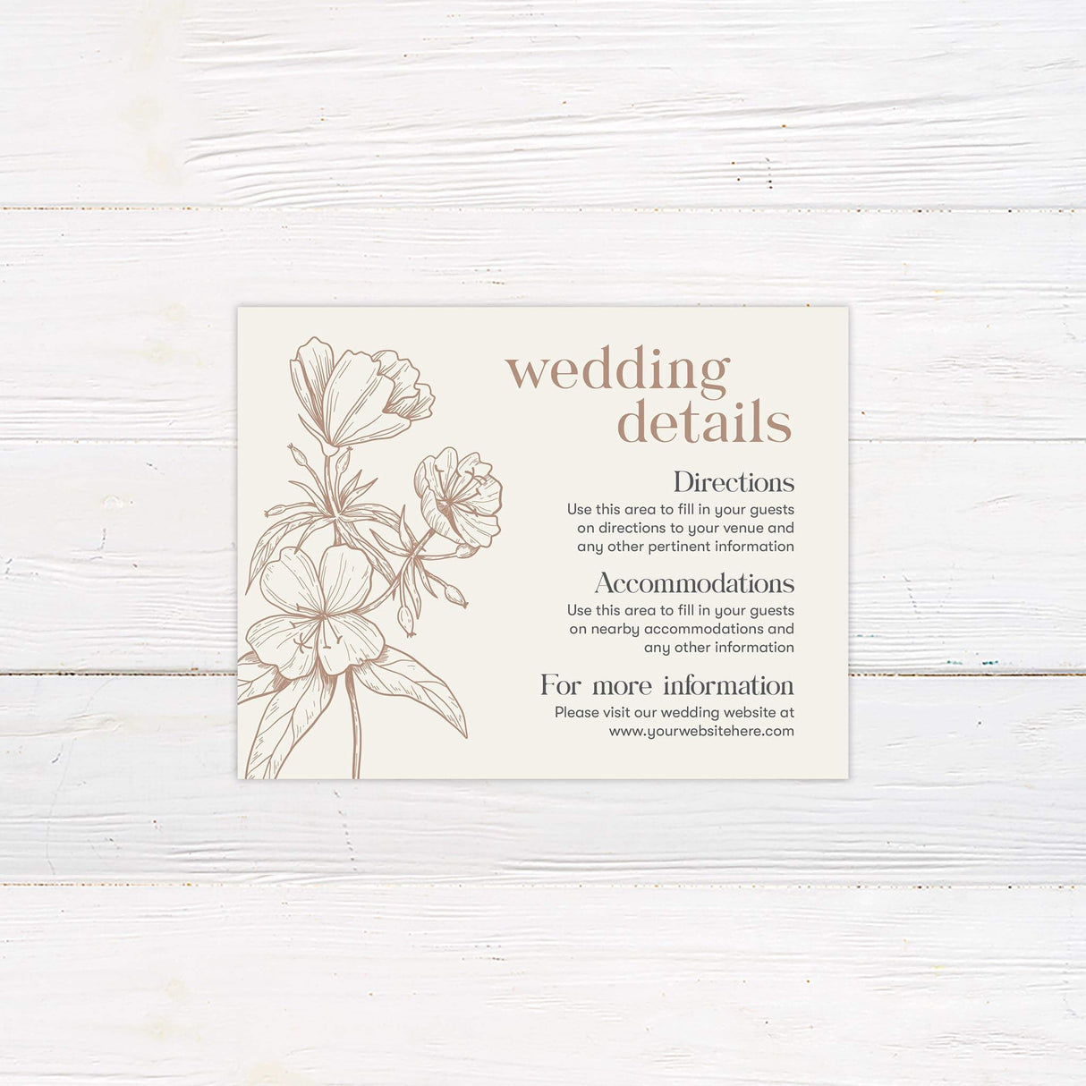 Detail card featuring taupe floral sketches and soft serif text on a cream background.