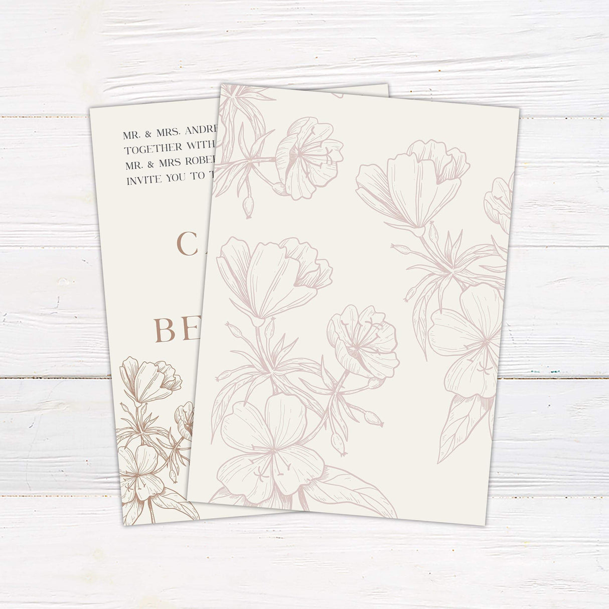 Neutral floral wedding invitation with taupe line-drawn flowers and minimalist serif typography on cream background for an elegant modern wedding.
