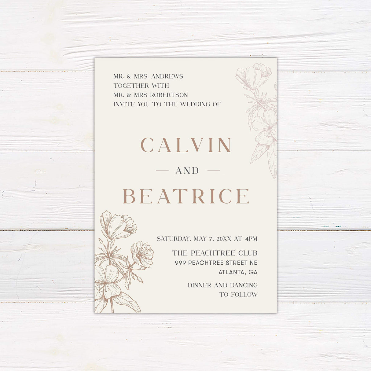 Neutral floral wedding invitation with taupe line-drawn flowers and minimalist serif typography on cream background for an elegant modern wedding.