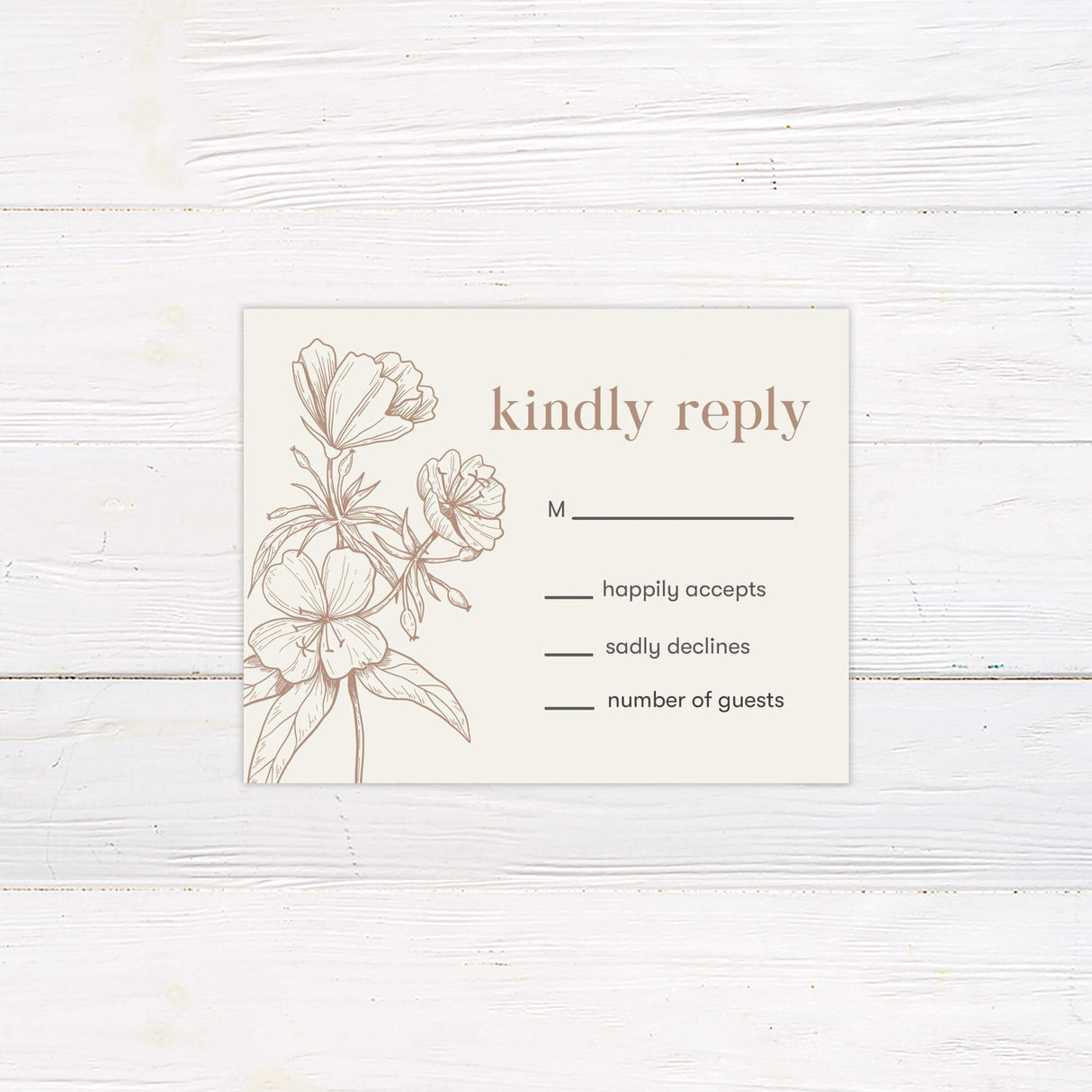 RSVP card with matching neutral taupe floral illustrations and minimalist serif fonts.