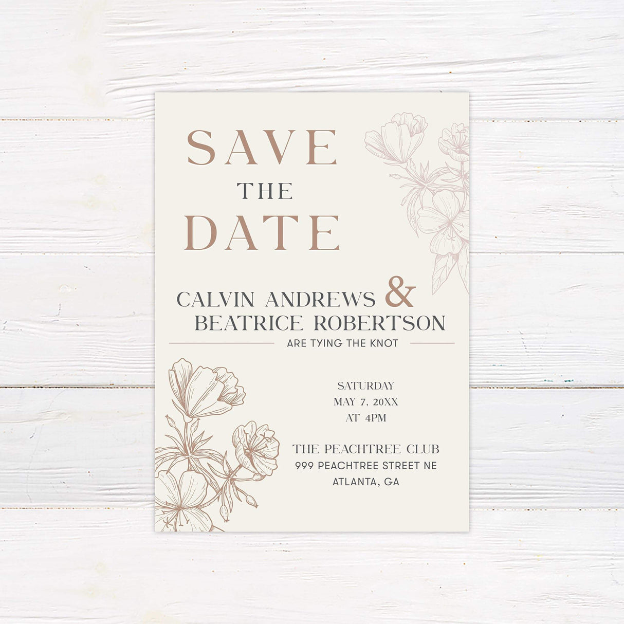 Save the Date card with minimalist floral details and sophisticated neutral tone for wedding previews.