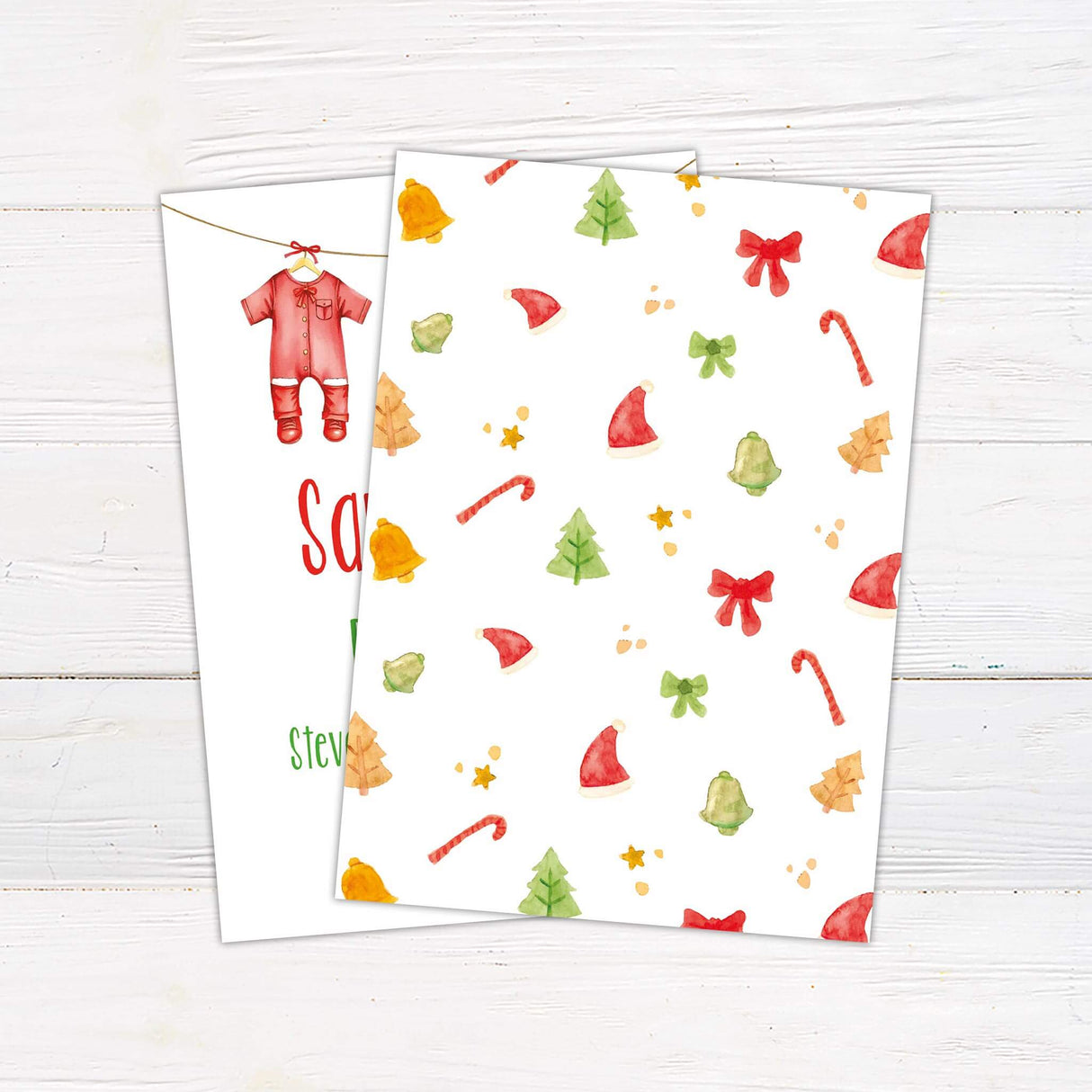 Santa Baby Shower Invitation with Christmas theme featuring festive icons on a wooden background.