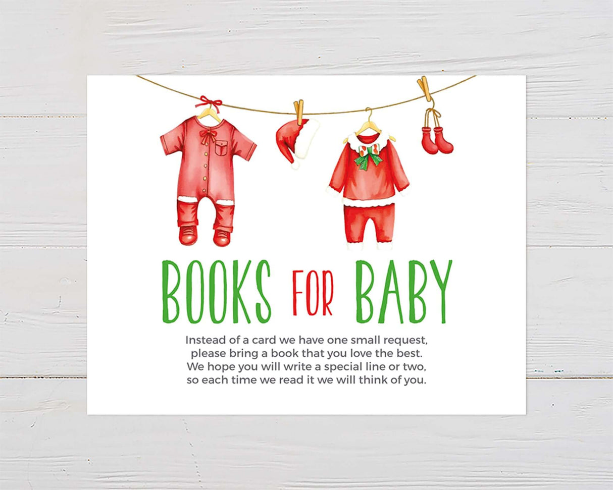 Books for Baby invitation with red baby clothes and gifts request message for a baby shower, Santa Baby Christmas theme.