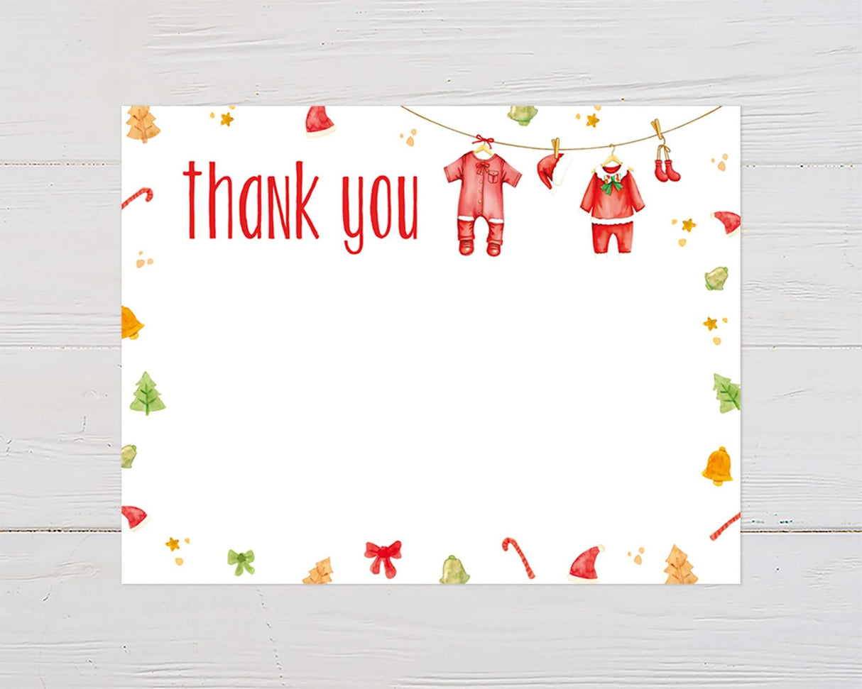 Whimsical Christmas-themed thank you card with Santa baby shower elements.
