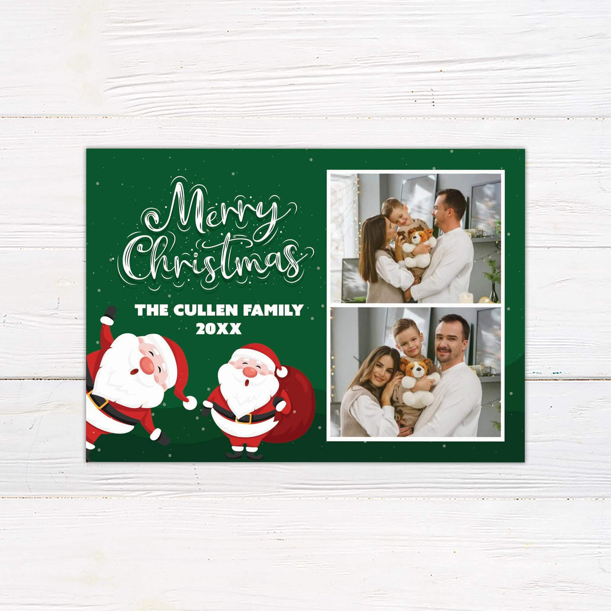 A festive Christmas card with two family photos and Santa Claus illustrations. Includes a “Merry Christmas” greeting and family name personalization.