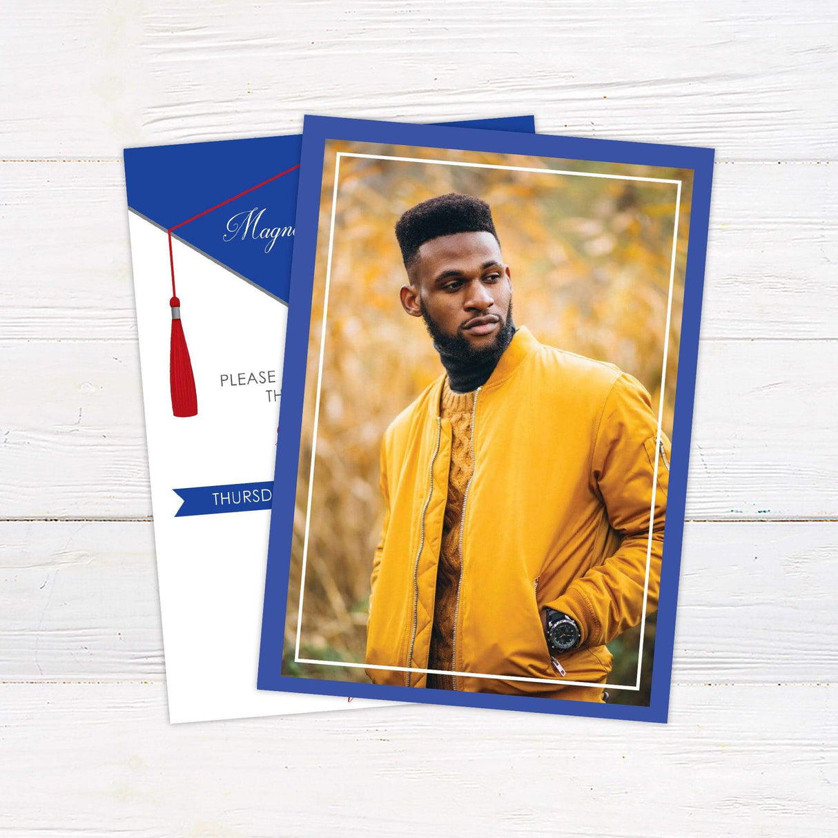 Elegant graduation invitation featuring a minimalist cap and tassel design in customizable school colors. The front includes the graduate's name, graduation date, and location details in a sophisticated layout. The back showcases a portrait of the graduate making it a personalized keepsake for family and friends. Back Blue.