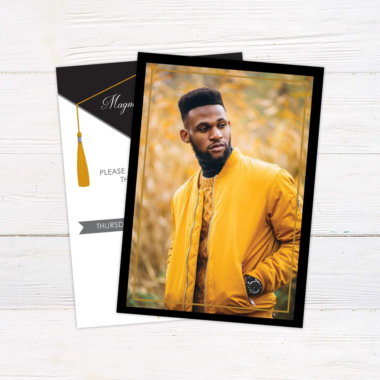 Elegant graduation invitation featuring a minimalist cap and tassel design in customizable school colors. The front includes the graduate's name, graduation date, and location details in a sophisticated layout. The back showcases a portrait of the graduate making it a personalized keepsake for family and friends. Back Black and Gold.