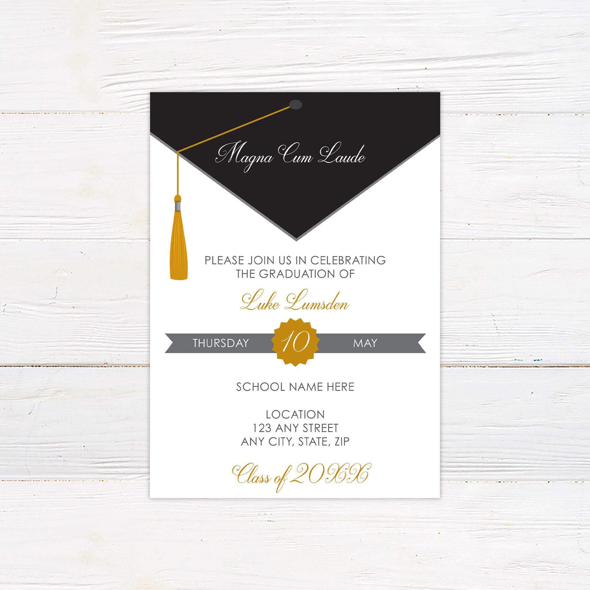 Elegant graduation invitation featuring a minimalist cap and tassel design in customizable school colors. The front includes the graduate's name, graduation date, and location details in a sophisticated layout. The back showcases a portrait of the graduate making it a personalized keepsake for family and friends. Black and Gold.