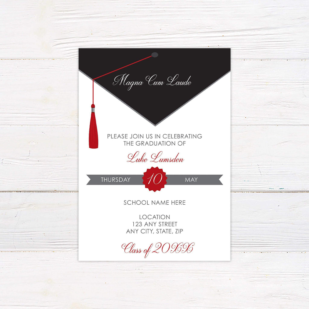 Elegant graduation invitation featuring a minimalist cap and tassel design in customizable school colors. The front includes the graduate's name, graduation date, and location details in a sophisticated layout. The back showcases a portrait of the graduate making it a personalized keepsake for family and friends. Black and Red.