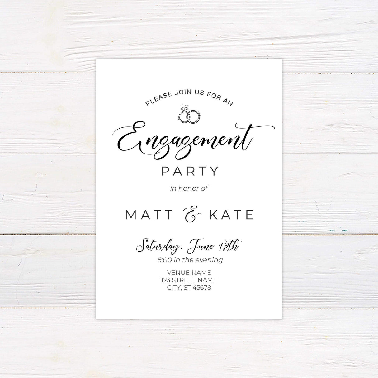 Elegant black and white engagement party invitation featuring modern script and serif fonts with an illustration of two interlocking rings and a diamond icon. Includes customizable text for date, time, and venue. Professionally printed on white background with minimalist design.