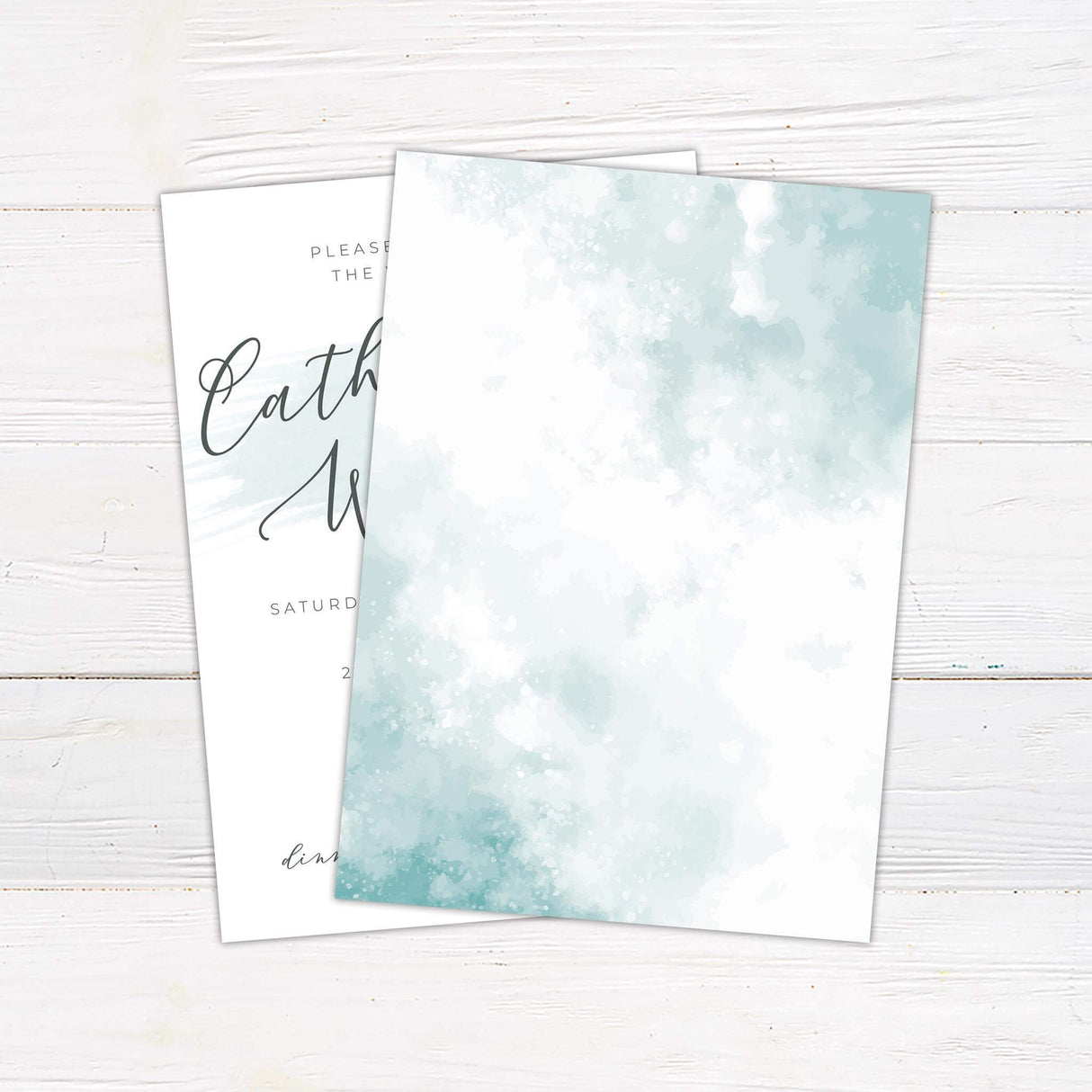 Seafoam watercolor brushstroke wedding invitation back with modern calligraphy and minimalist text on white background
