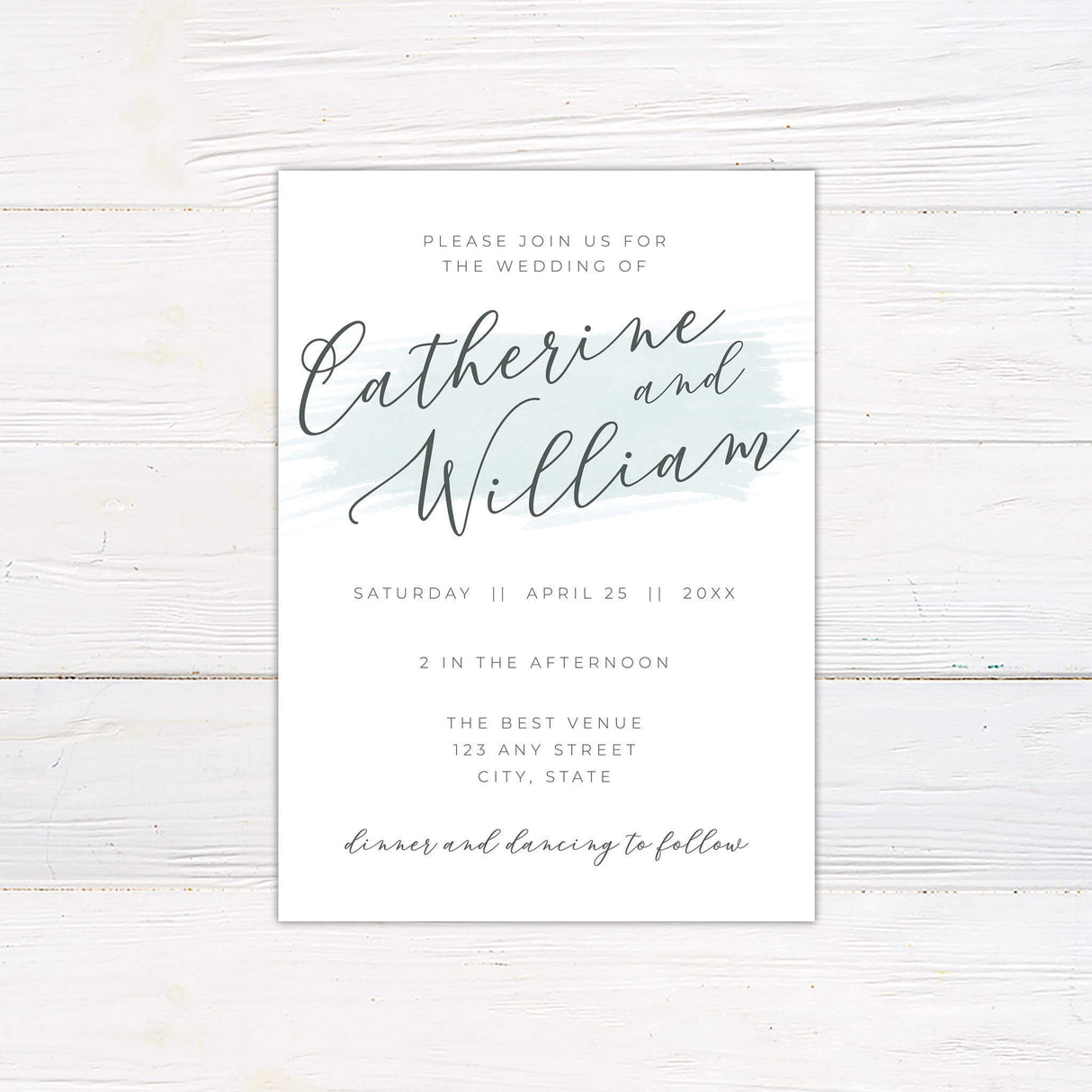 Seafoam watercolor brushstroke wedding invitation with modern calligraphy and minimalist text on white background