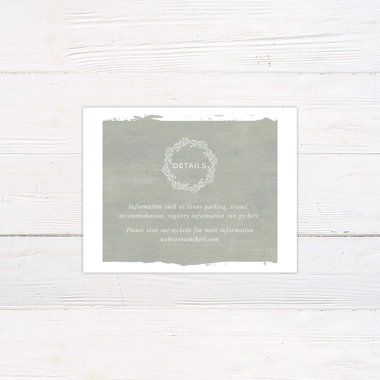 Printed detail card with a soft green background and minimalist white typography.