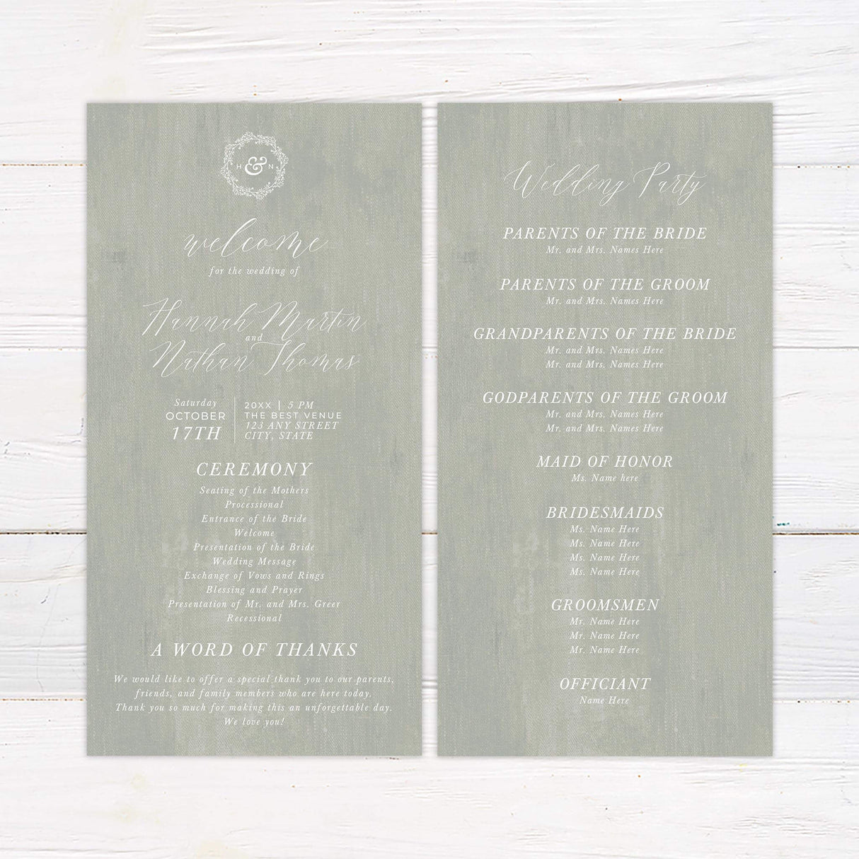 Wedding program with seafoam canvas background and elegant white serif and script fonts.
