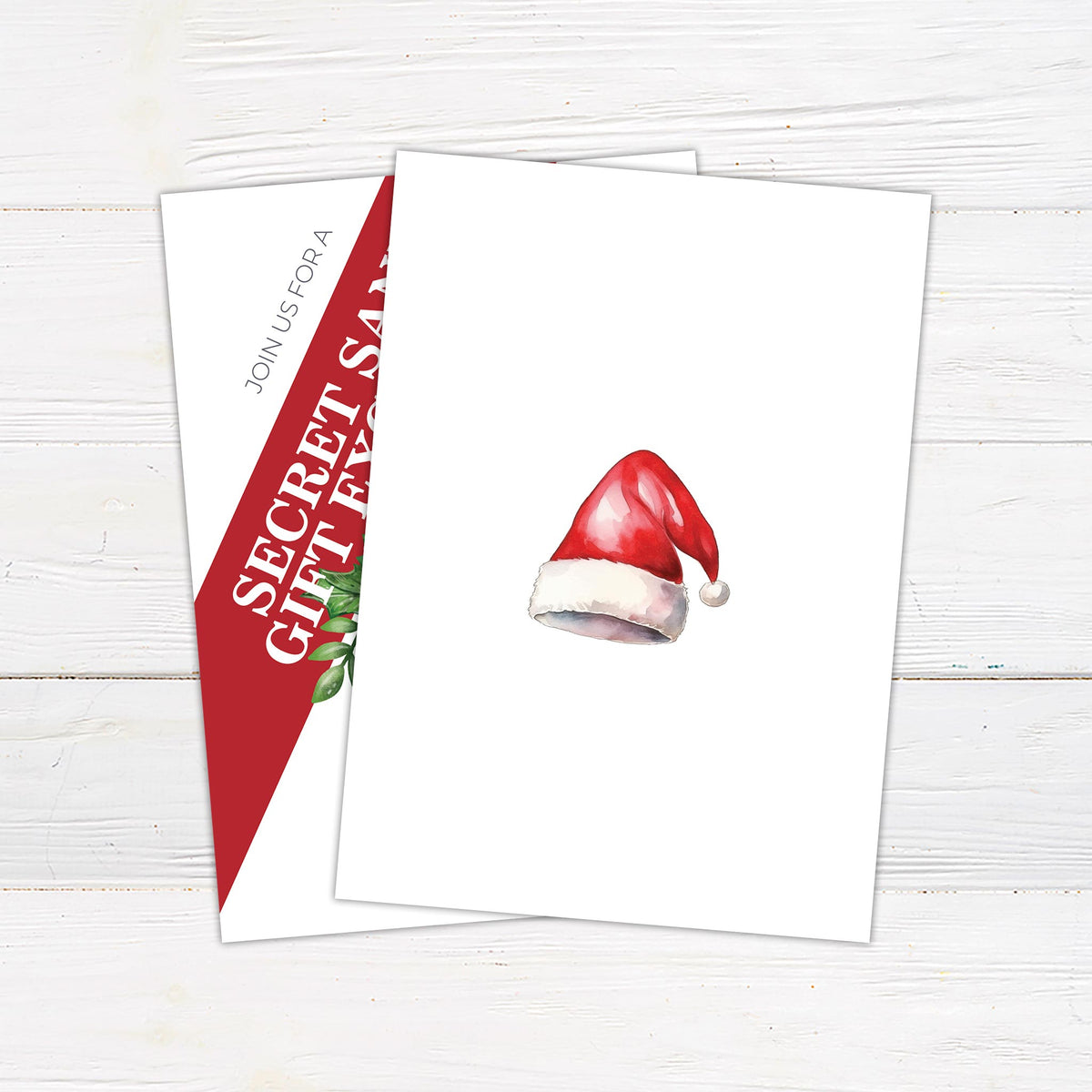 Watercolor Santa hat Secret Santa invitation with red diagonal banner and holiday berry accents, editable holiday gift exchange invite. - back.