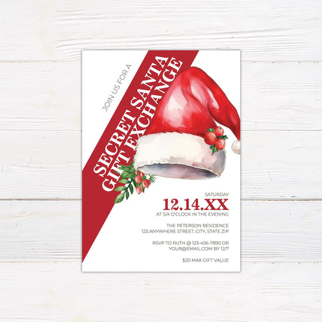 Watercolor Santa hat Secret Santa invitation with red diagonal banner and holiday berry accents, editable holiday gift exchange invite