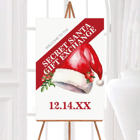 Watercolor Santa hat Secret Santa invitation with red diagonal banner and holiday berry accents, editable holiday gift exchange invite - Welcome Sign