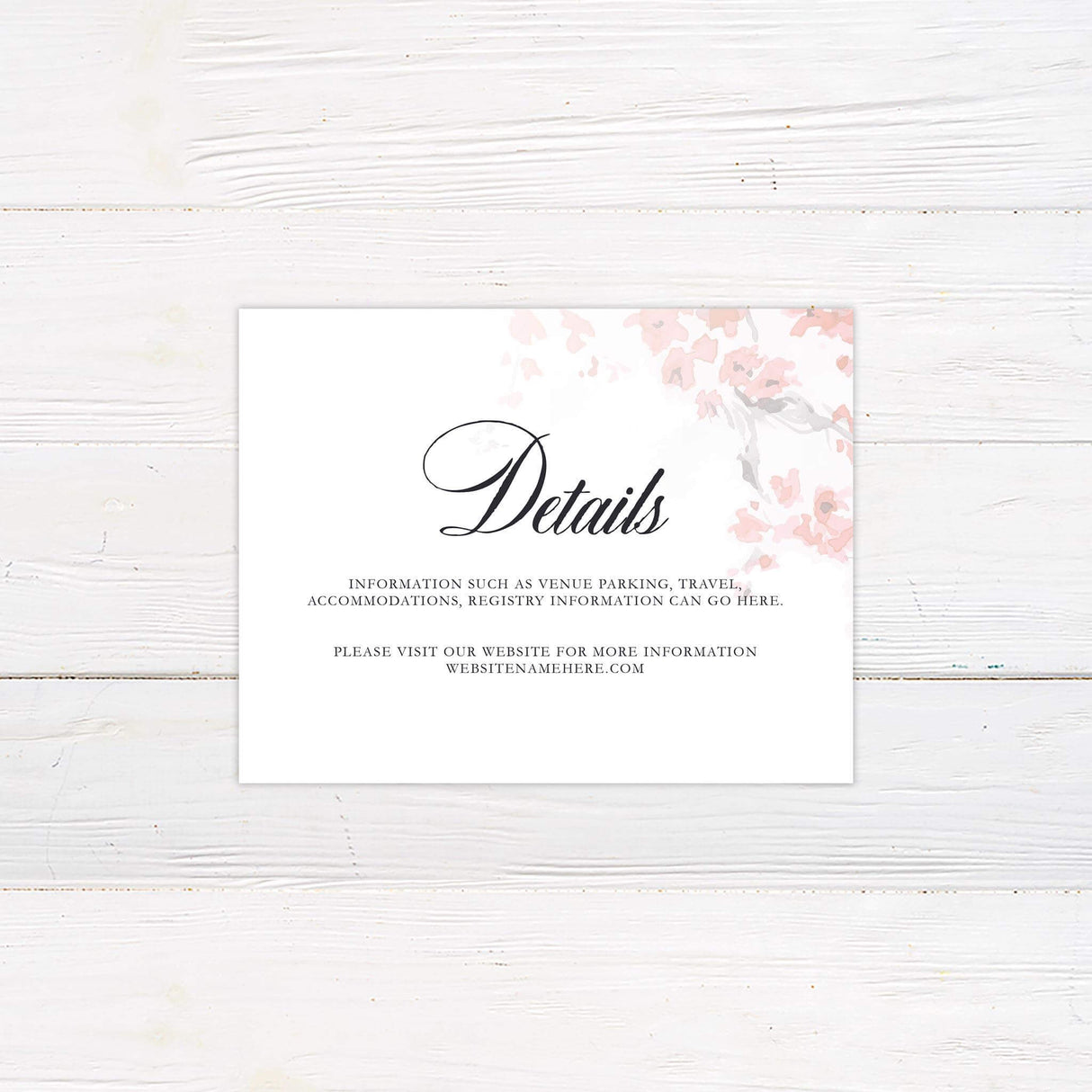 Printed detail insert featuring minimal layout and watercolor mountain and floral accents.