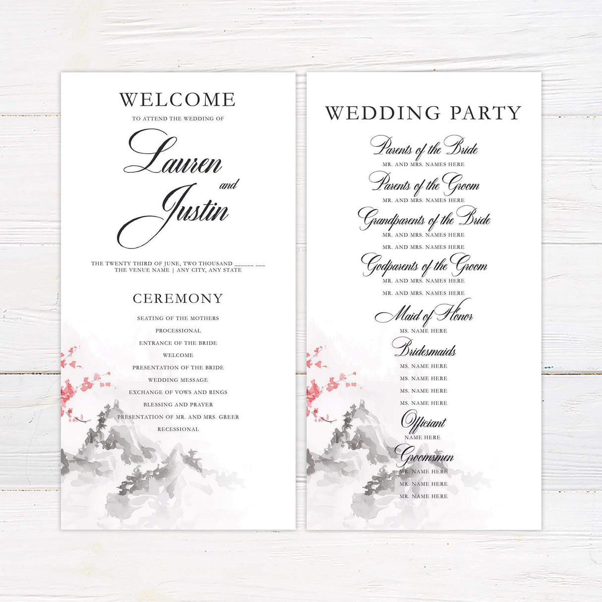 Wedding program with delicate cherry blossom trim and elegant gray serif and script typography.