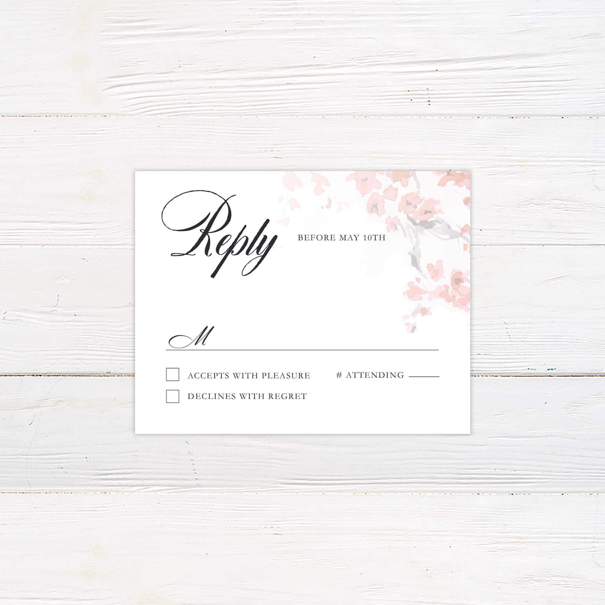 RSVP card with soft watercolor cherry blossoms and classic serif fonts on a white background.