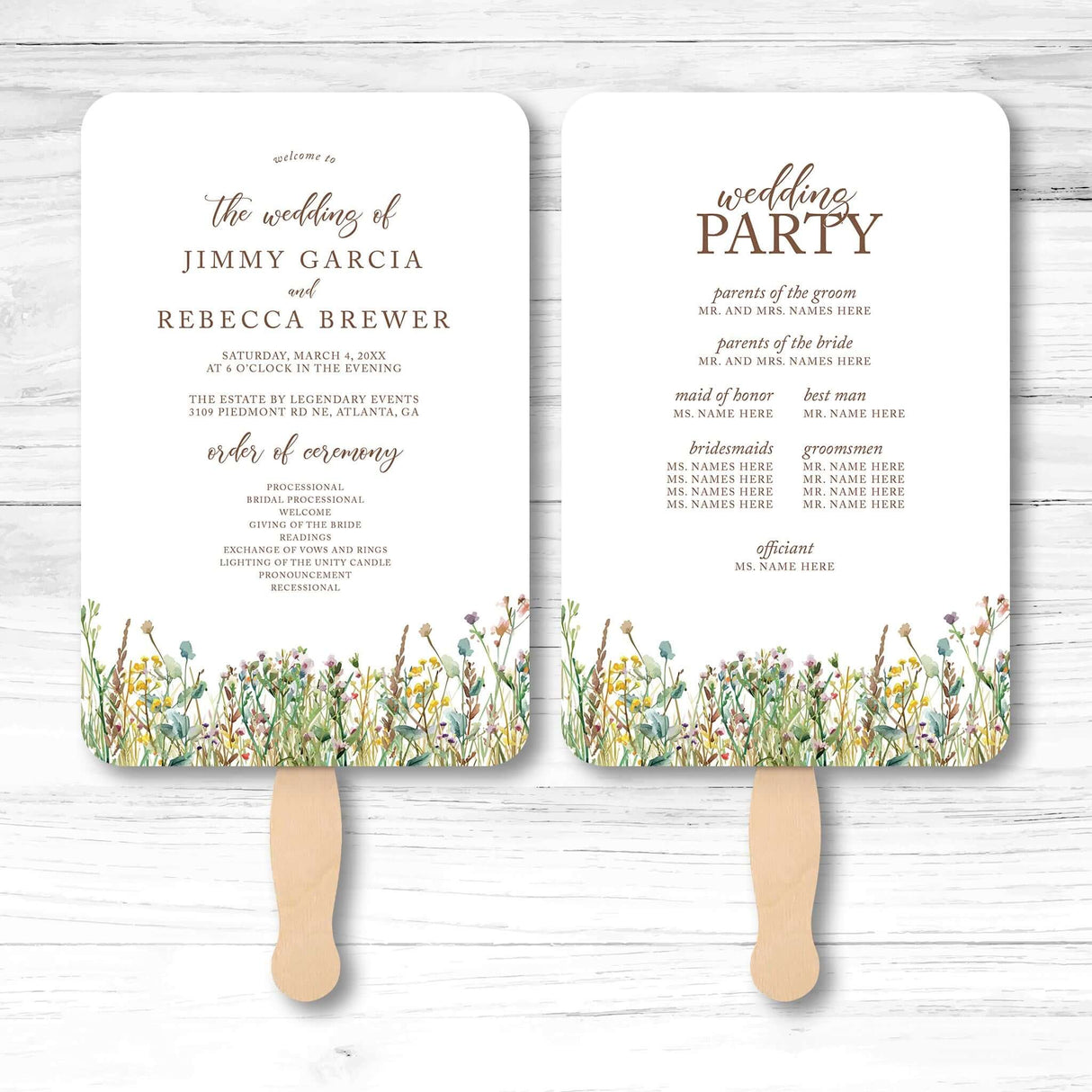 Wildflower wedding program fan with daisies and lavender, wooden handle, double-sided layout for ceremony order and wedding party list
