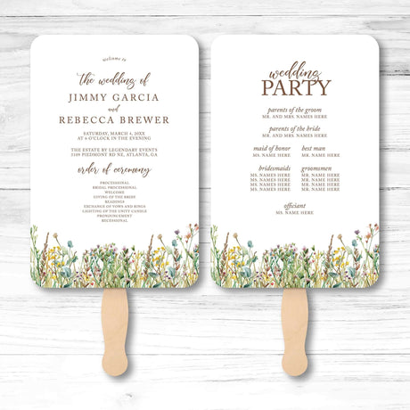 Wildflower wedding program fan with daisies and lavender, wooden handle, double-sided layout for ceremony order and wedding party list