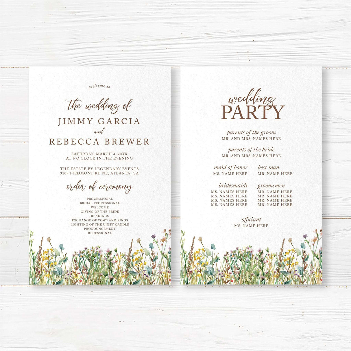 Elegant program with a minimalist design featuring delicate script and serif fonts. The bottom of the program is adorned with a watercolor wildflower border, adding a rustic and romantic touch. The text includes event order. The color palette consists of soft neutrals and earth tones, creating a timeless and sophisticated look.