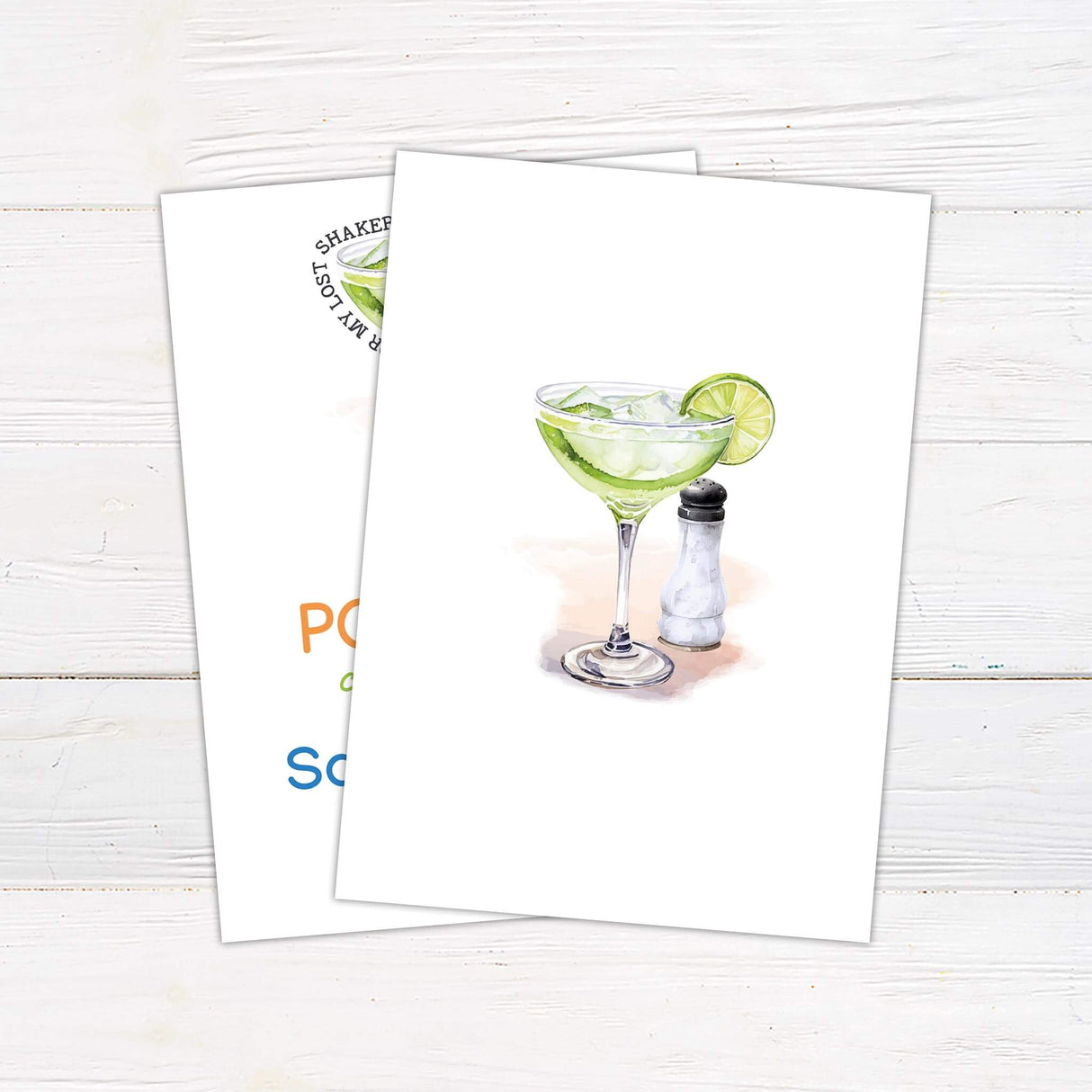 Poolside cocktail party invitation featuring a watercolor margarita glass with lime garnish and playful "searching for my lost shaker of salt" text. Bold and colorful typography announces the event details, including date, time, and location. The design has a fun, tropical vibe, perfect for a summer gathering. Professionally printed on high-quality cardstock for a stylish and festive touch. Back.