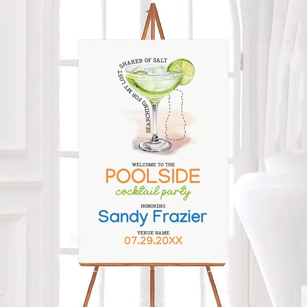 Poolside cocktail party sign featuring a watercolor margarita glass with lime garnish and playful "searching for my lost shaker of salt" text. The design has a fun, tropical vibe, perfect for a summer gathering. Professionally printed on high-quality cardstock for a stylish and festive touch.