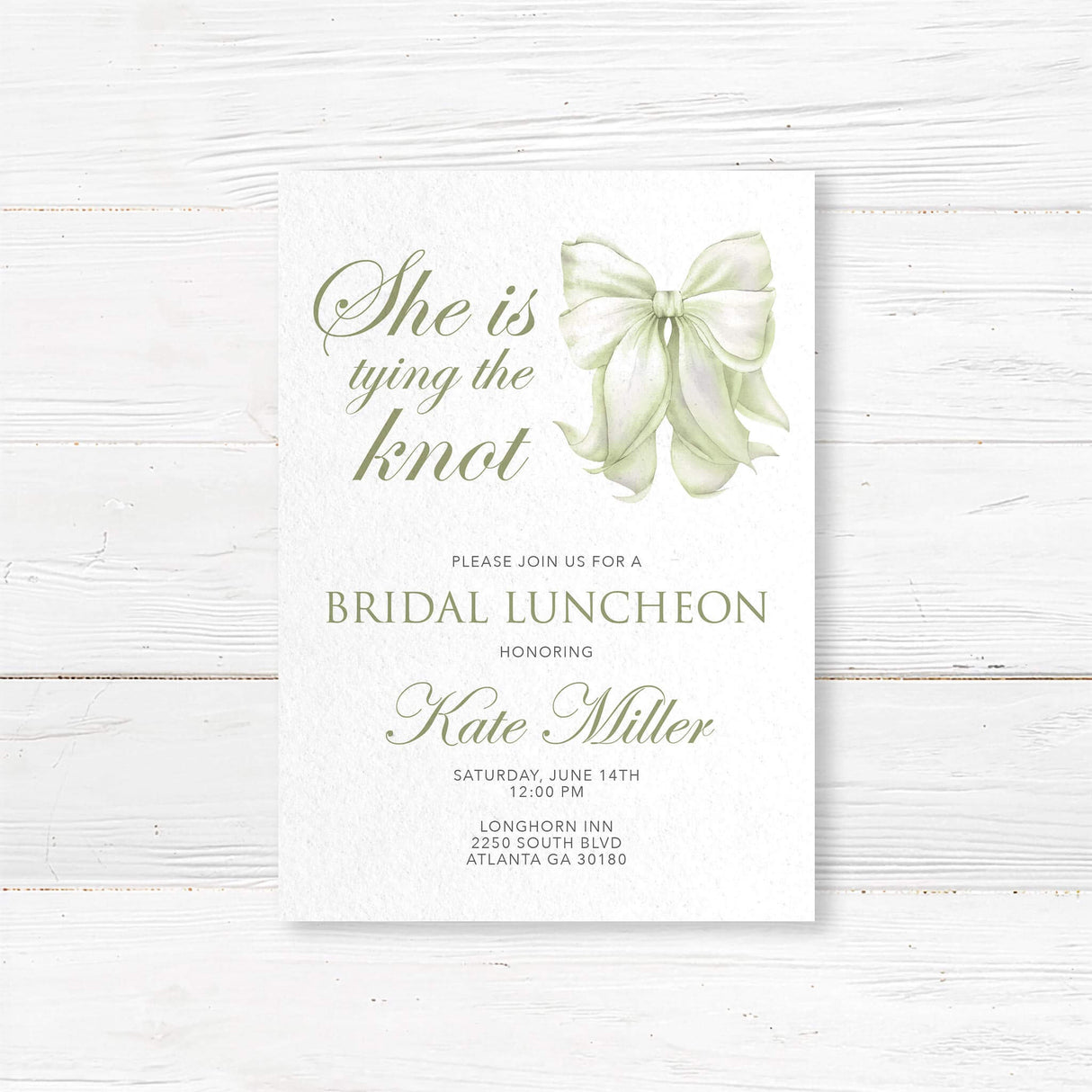 Bridal luncheon invitation with sage green watercolor bow and elegant script on textured white background for a tying the knot themed shower