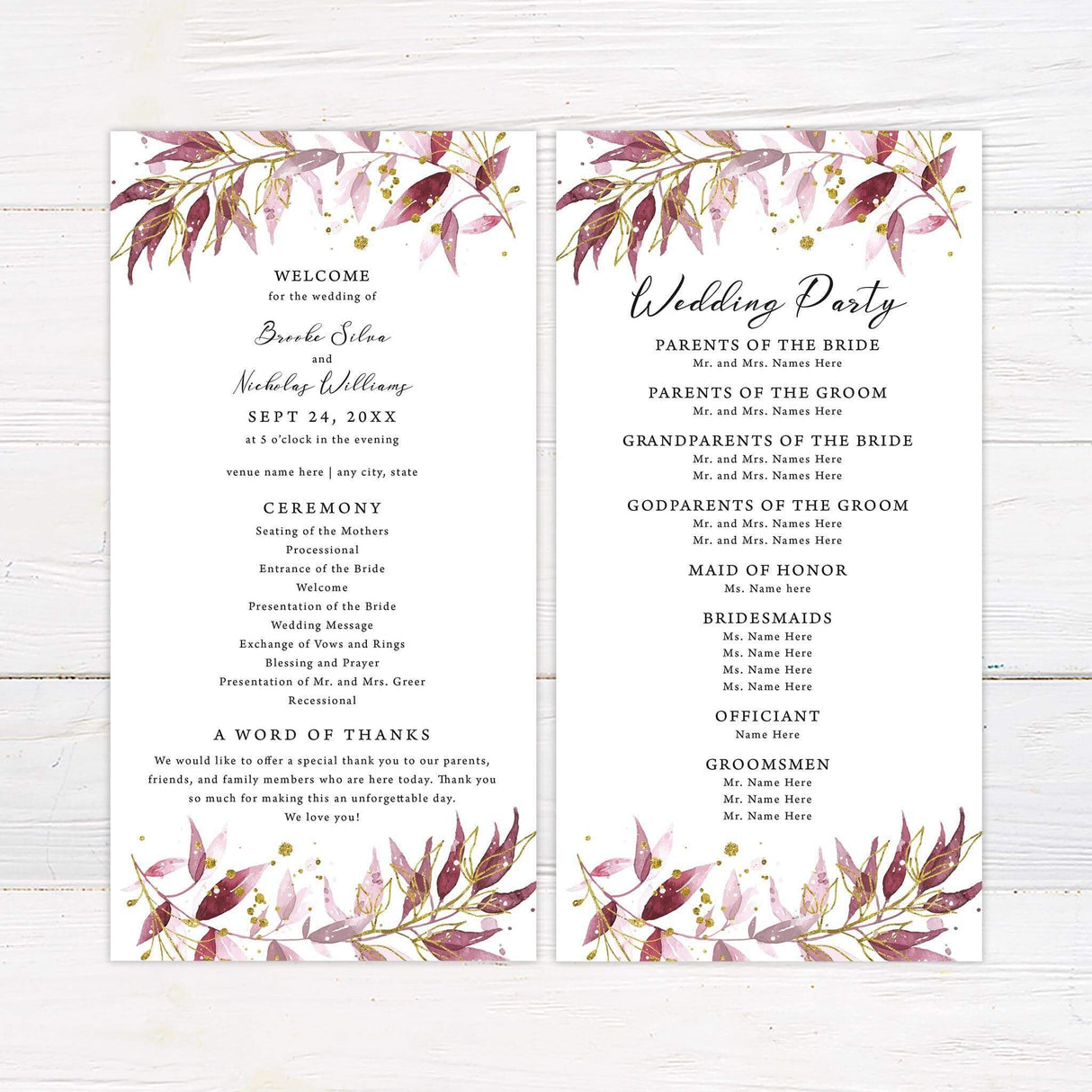 Wedding program with burgundy and blush leaf elements and script font on white background.