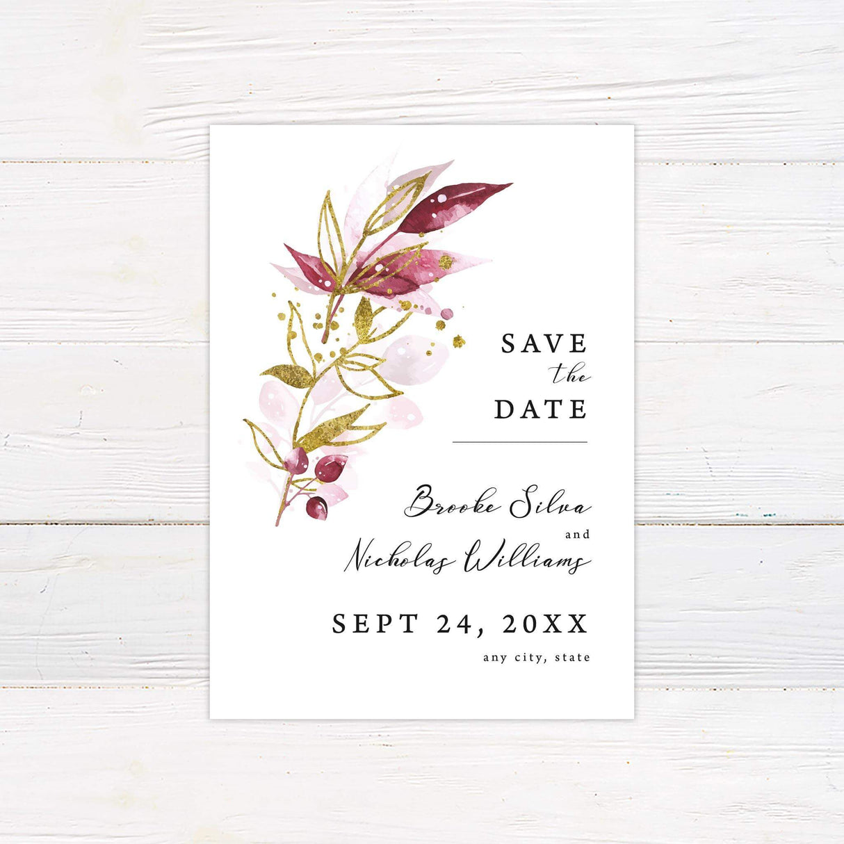 Save the Date card with matching burgundy and blush watercolor leaves and modern calligraphy-style fonts.