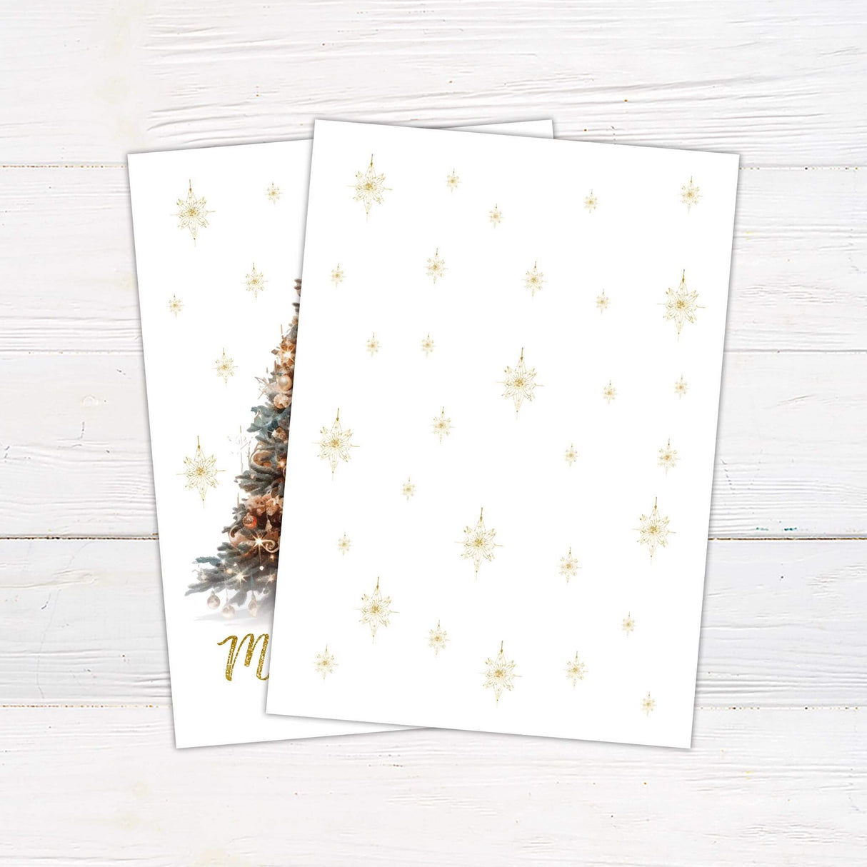 A shimmering Christmas card featuring a decorated tree with gold ornaments. The design includes a festive “Merry Christmas” greeting and family personalization. - back.
