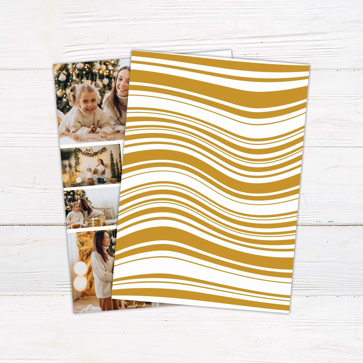 Custom Christmas card with vertical gold banner text reading Merry Christmas, featuring a multi-photo collage layout for personalized family holiday images. - back.