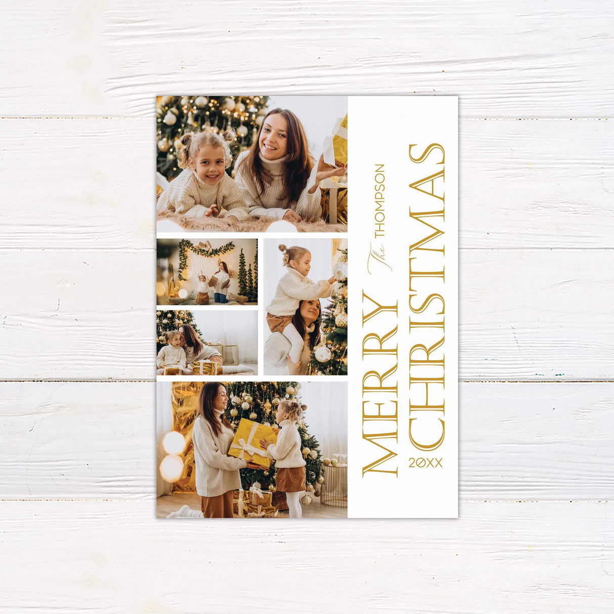 Custom Christmas card with vertical gold banner text reading Merry Christmas, featuring a multi-photo collage layout for personalized family holiday images.