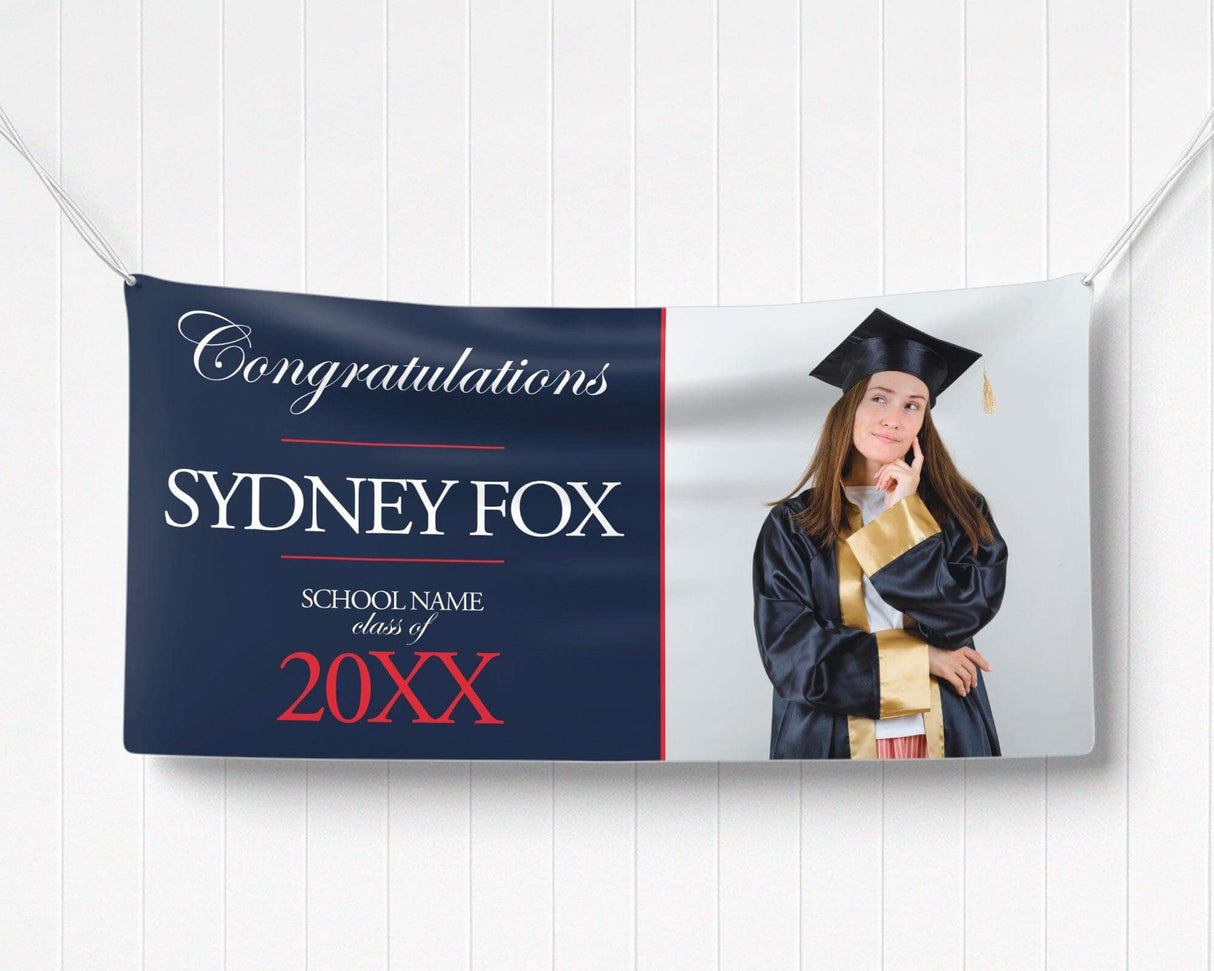Graduation celebration vinyl banner with a split design featuring a bold congratulatory message in elegant gold text on one side and a proud graduate photo on the other. Made of durable, weatherproof vinyl, perfect for indoor and outdoor graduation party decorations, senior recognition, and high school or college ceremonies. navy