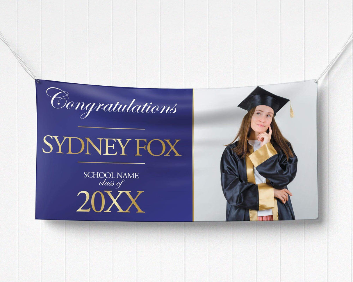 Graduation celebration vinyl banner with a split design featuring a bold congratulatory message in elegant gold text on one side and a proud graduate photo on the other. Made of durable, weatherproof vinyl, perfect for indoor and outdoor graduation party decorations, senior recognition, and high school or college ceremonies. purple