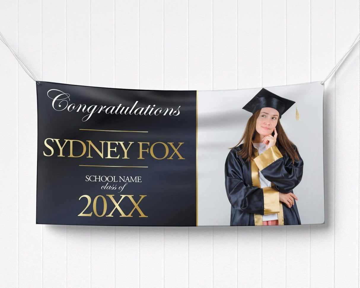 Graduation celebration vinyl banner with a split design featuring a bold congratulatory message in elegant gold text on one side and a proud graduate photo on the other. Made of durable, weatherproof vinyl, perfect for indoor and outdoor graduation party decorations, senior recognition, and high school or college ceremonies. black