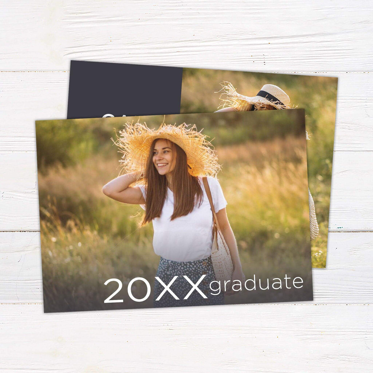 Custom printed graduation announcement featuring a modern split design with a personalized photo on one side and bold graduate details on the other. This stylish and sophisticated card is fully customized with the graduate’s name, class year, school, and future plans, printed on premium cardstock for a polished finish.black full photo back