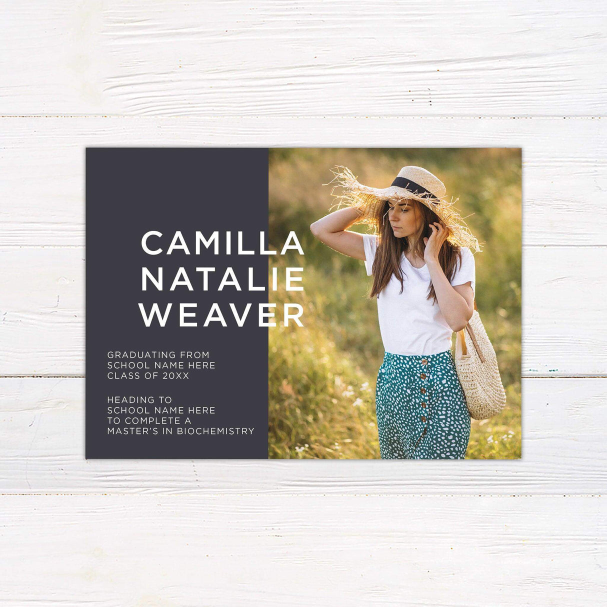 Custom printed graduation announcement featuring a modern split design with a personalized photo on one side and bold graduate details on the other. This stylish and sophisticated card is fully customized with the graduate’s name, class year, school, and future plans, printed on premium cardstock for a polished finish. black