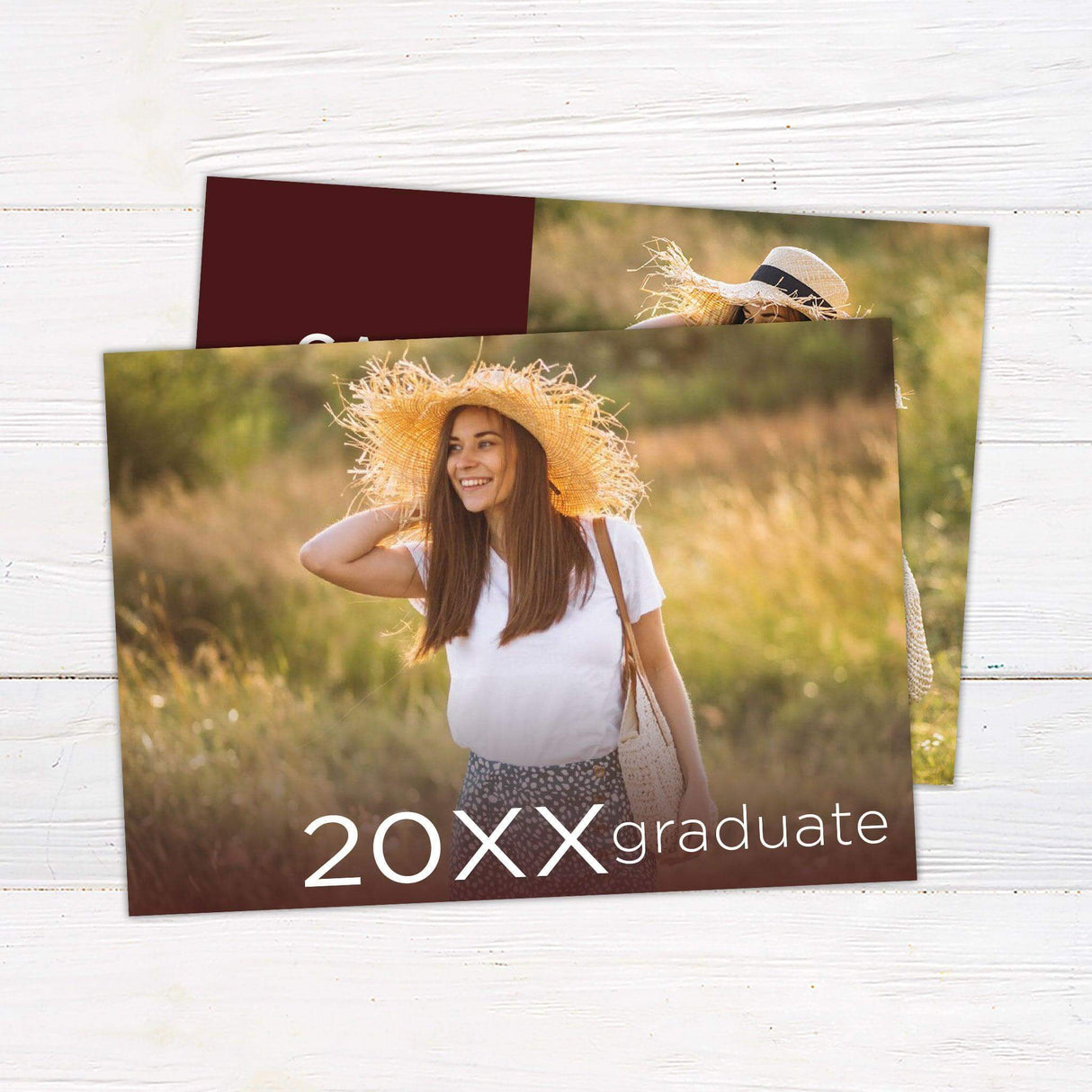 Custom printed graduation announcement featuring a modern split design with a personalized photo on one side and bold graduate details on the other. This stylish and sophisticated card is fully customized with the graduate’s name, class year, school, and future plans, printed on premium cardstock for a polished finish. burgundy full photo back