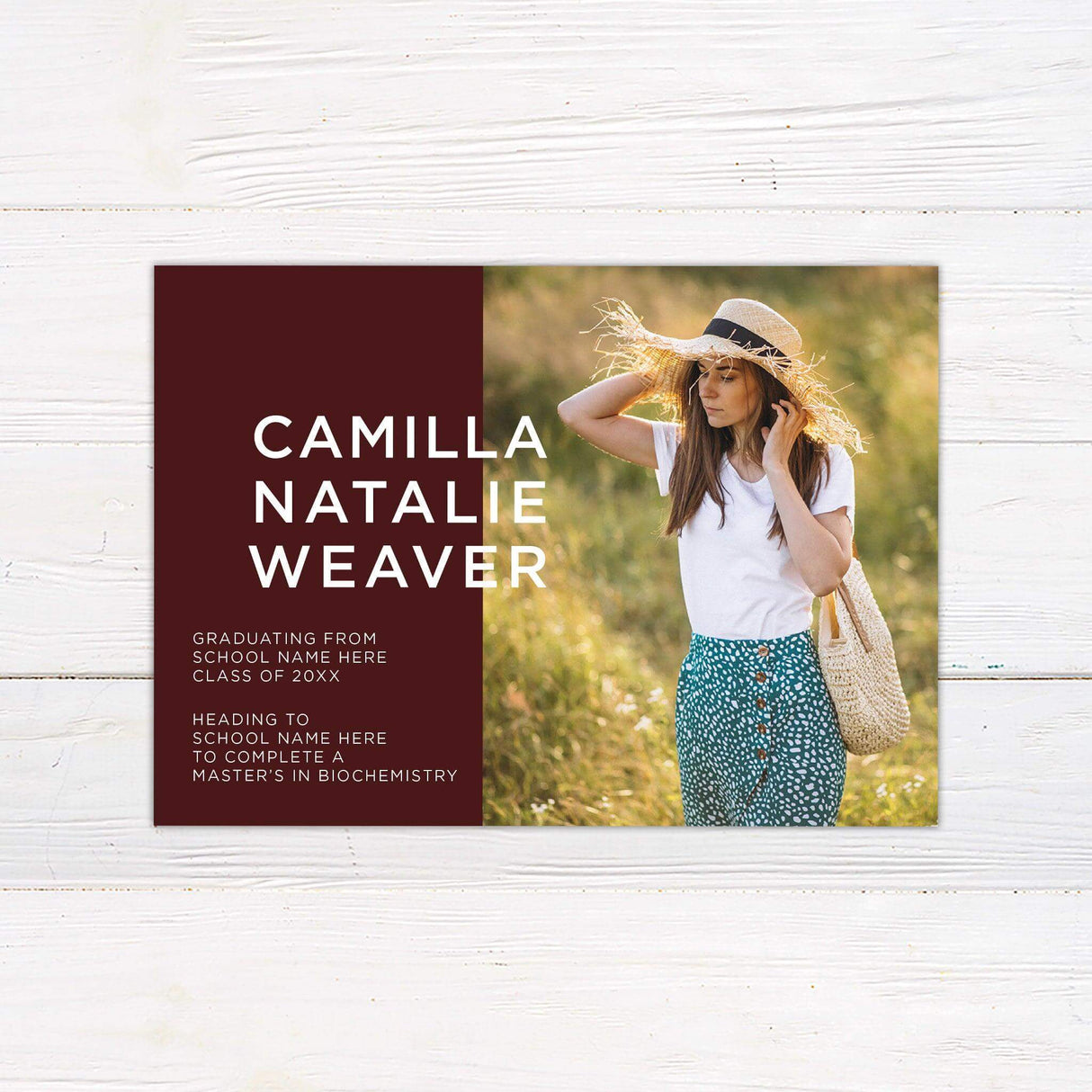 Custom printed graduation announcement featuring a modern split design with a personalized photo on one side and bold graduate details on the other. This stylish and sophisticated card is fully customized with the graduate’s name, class year, school, and future plans, printed on premium cardstock for a polished finish. burgundy