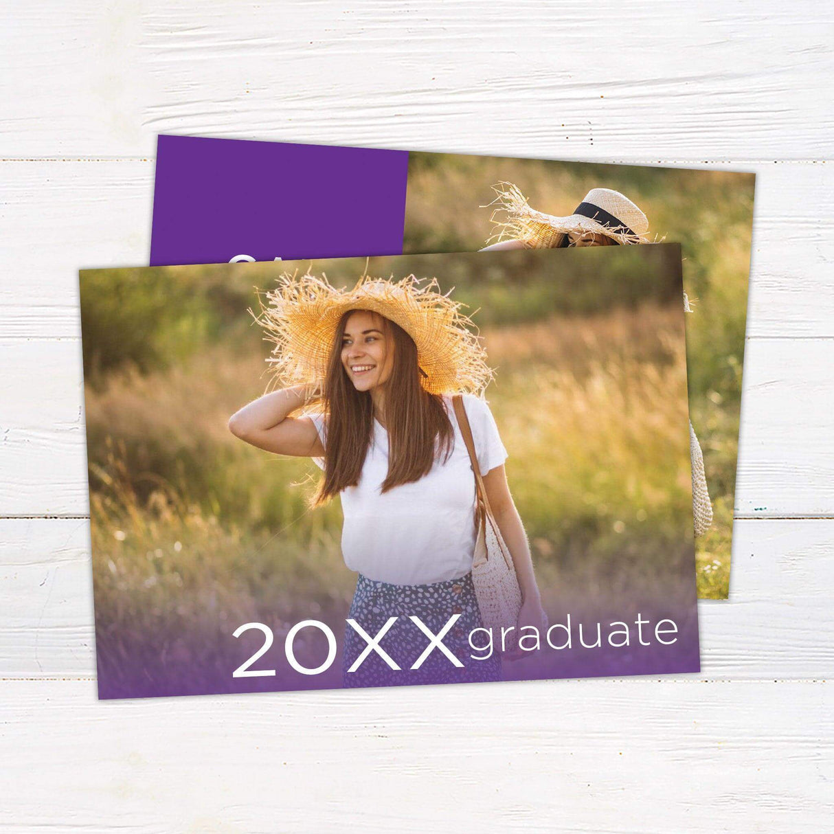 Custom printed graduation announcement featuring a modern split design with a personalized photo on one side and bold graduate details on the other. This stylish and sophisticated card is fully customized with the graduate’s name, class year, school, and future plans, printed on premium cardstock for a polished finish. purple full photo back